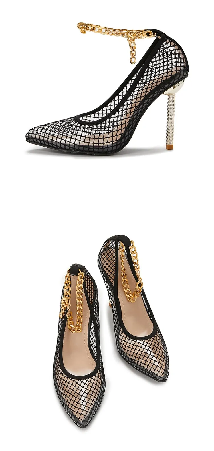 CHAIN Buckle Strap Lace Black Women Pumps PVC Transparent Mesh Thin Heels Shoes