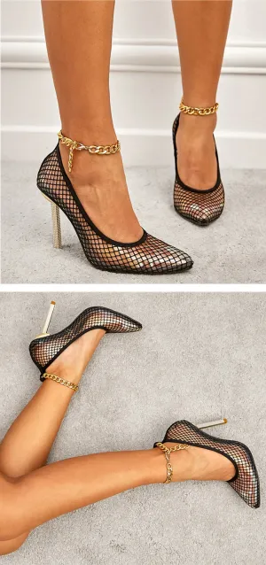 CHAIN Buckle Strap Lace Black Women Pumps PVC Transparent Mesh Thin Heels Shoes