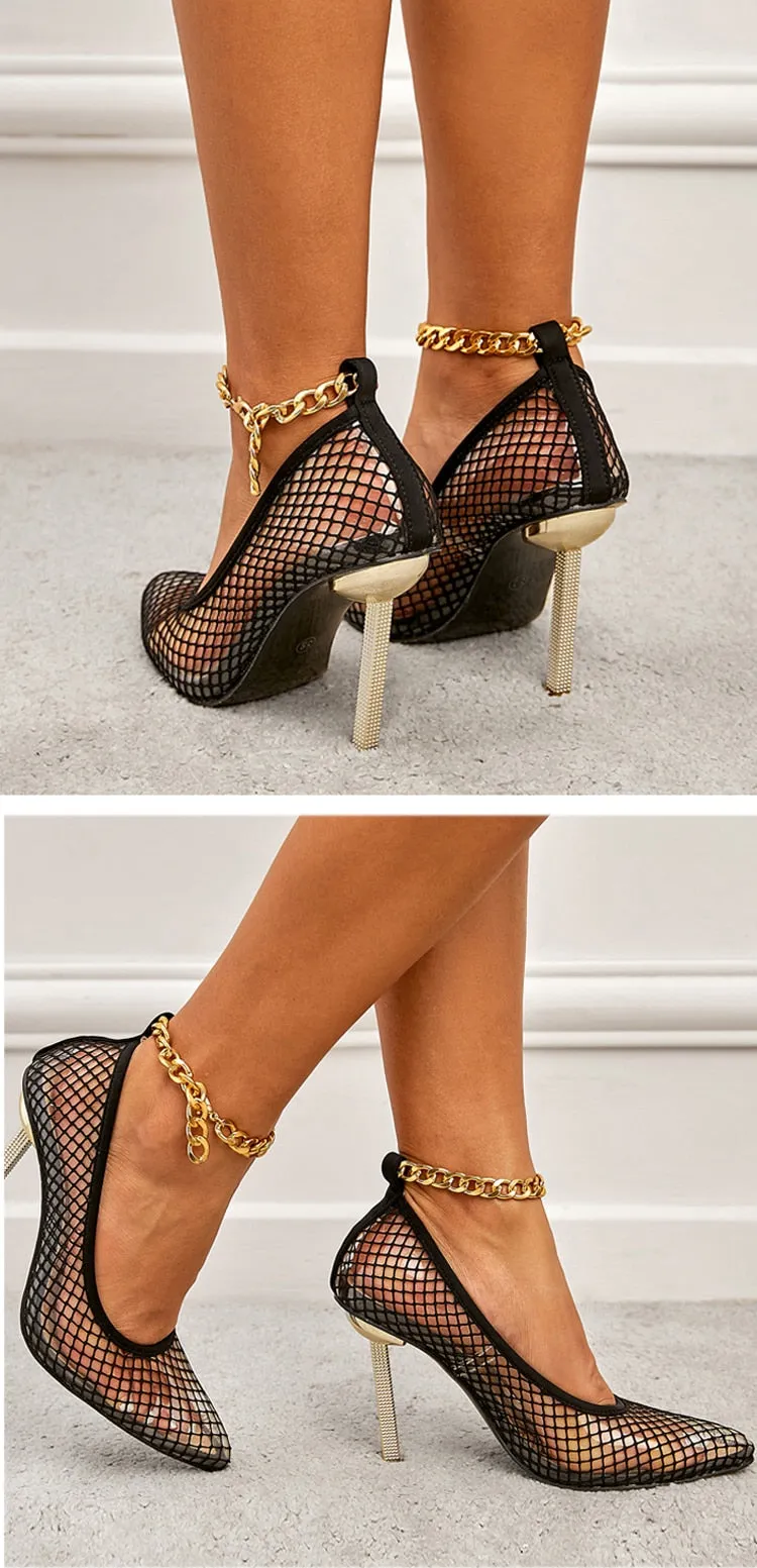 CHAIN Buckle Strap Lace Black Women Pumps PVC Transparent Mesh Thin Heels Shoes