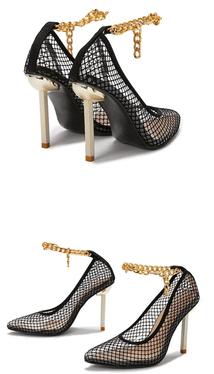 CHAIN Buckle Strap Lace Black Women Pumps PVC Transparent Mesh Thin Heels Shoes