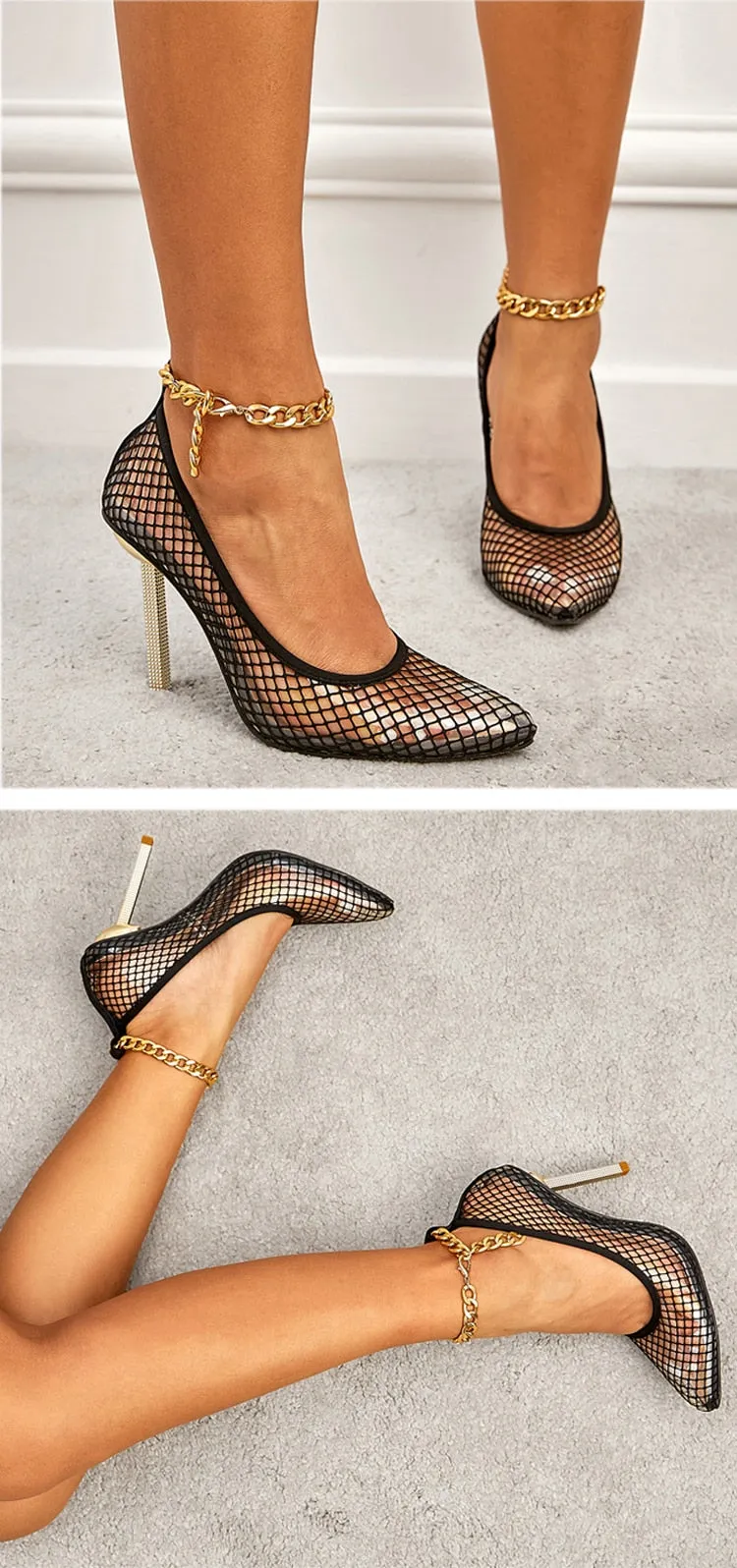 CHAIN Buckle Strap Lace Black Women Pumps PVC Transparent Mesh Thin Heels Shoes